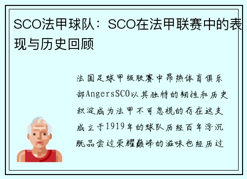 SCO法甲球队：SCO在法甲联赛中的表现与历史回顾